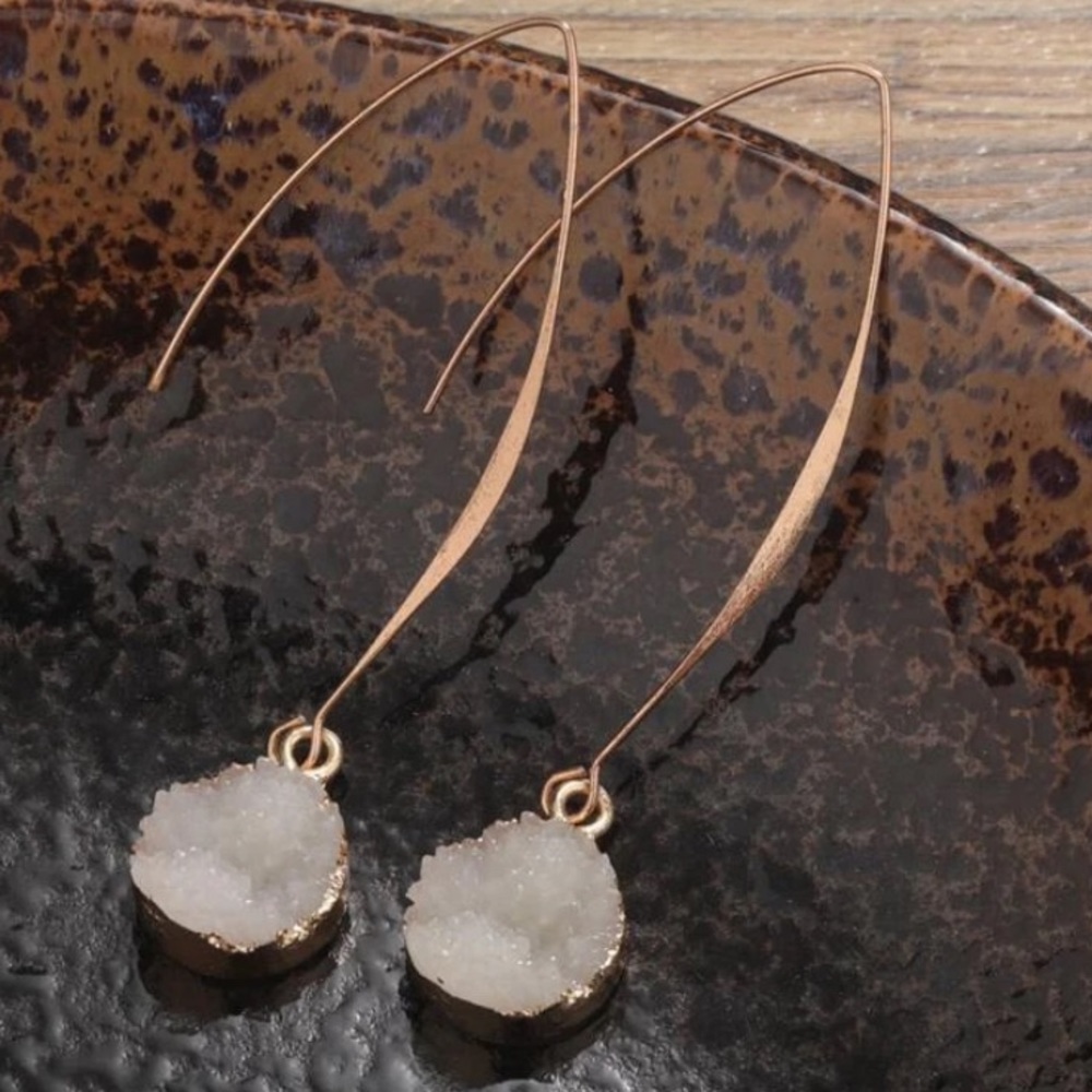 ! Anthro gold white sparkle druzy like stone drop earrings half hoop